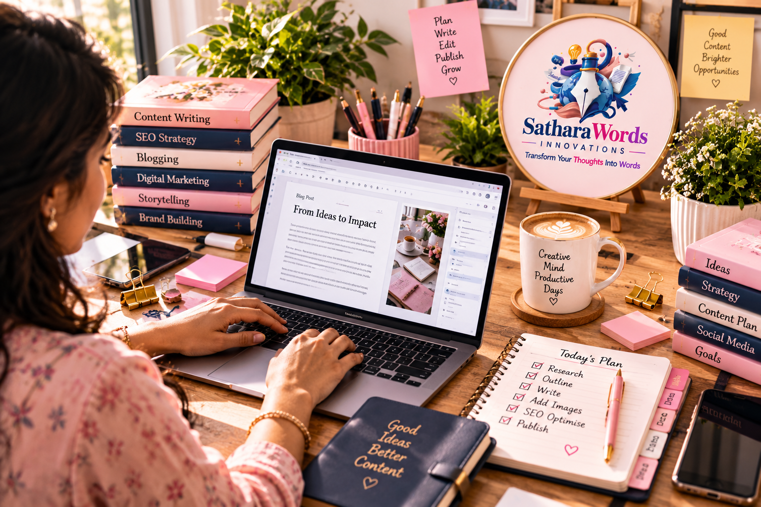 Professional content writer working at a desk